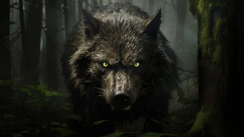 Detailed Wolf in Dark Forest Digital Painting
