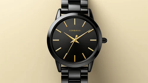 Elegant Black Wristwatch with Gold Hands and Metal Bracelet