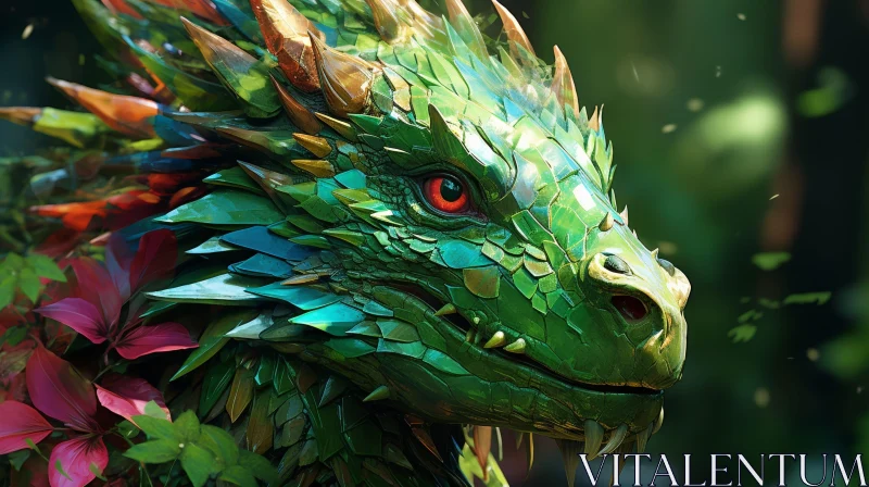 Green Dragon in Lush Forest Digital Painting AI Image