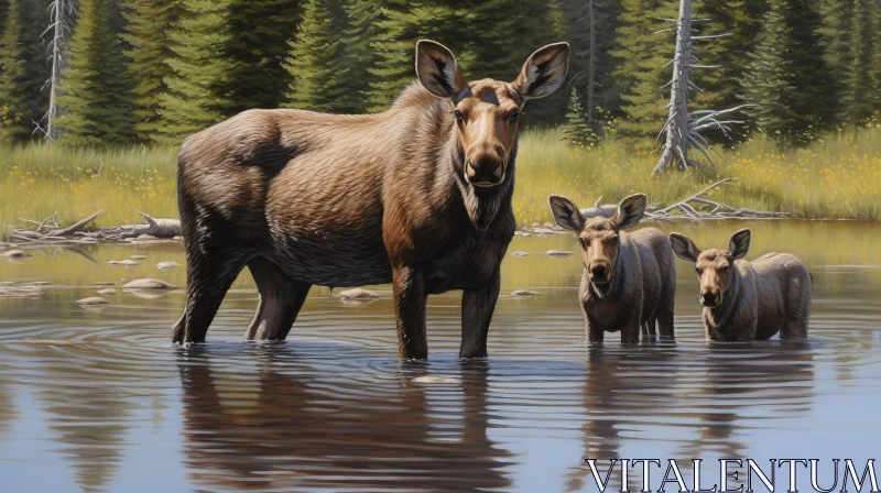 Majestic Moose Family Painting in Forest River AI Image