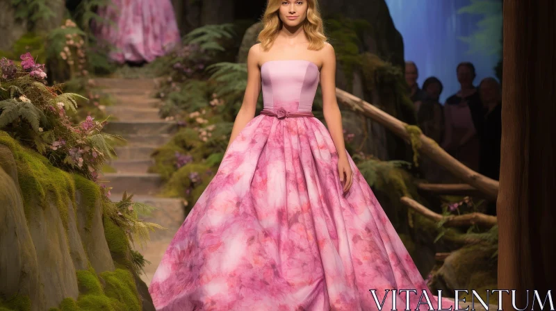 Pink Floral Ball Gown Runway Fashion Model in Forest AI Image