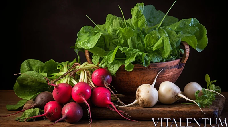 Radishes and Spinach Still Life Composition AI Image