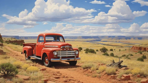 Red Pickup Truck in Realistic Landscapes with Soft Tonal Colors