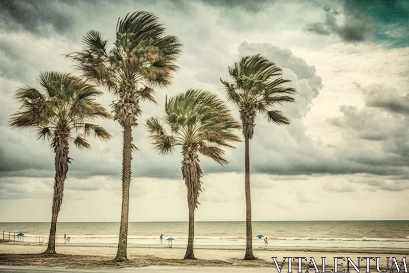 Vintage Palm Trees on Beach under Stormy Sky - Atmospheric Urbanscapes AI Image