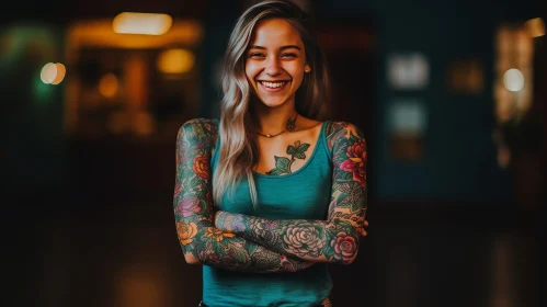 Young Woman with Blonde Hair and Tattoos in Blue Tank Top