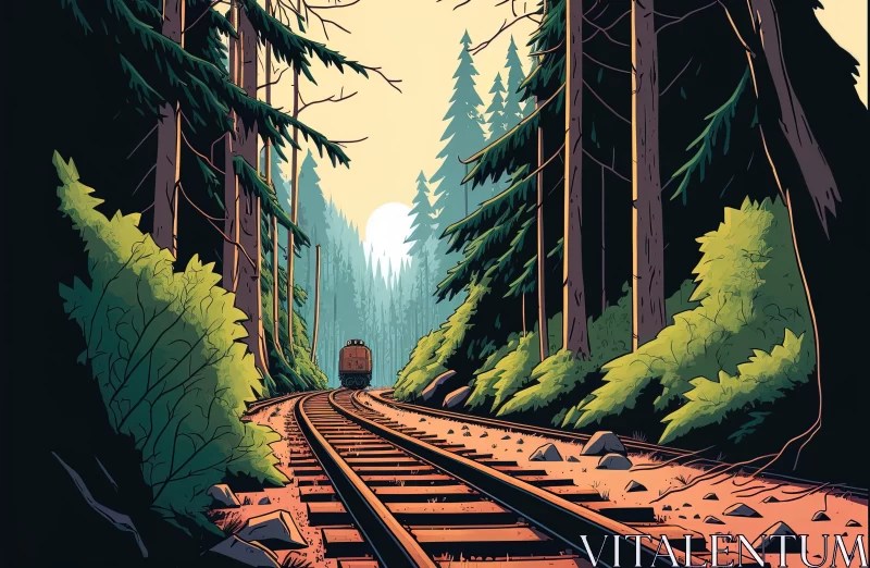 A Captivating Train Journey Through a Lush Forest | Bold Graphic Illustrations AI Image