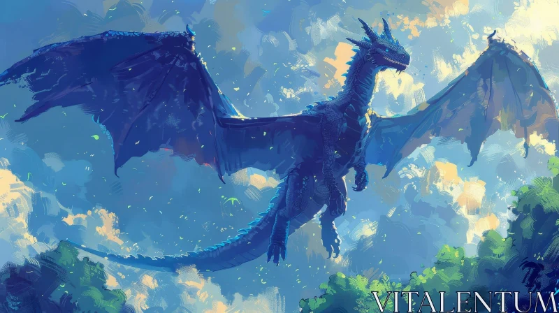 Blue Dragon Flying in Sky - Fantasy Digital Painting AI Image