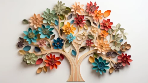 Colorful Flower Tree Illustration - Paper-cut Style