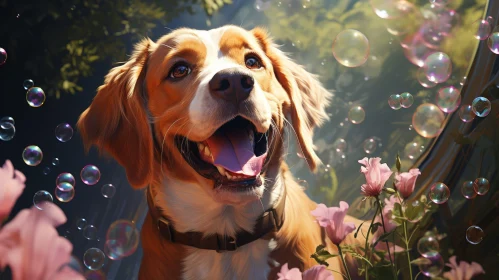Happy Dog with Bubbles and Flowers