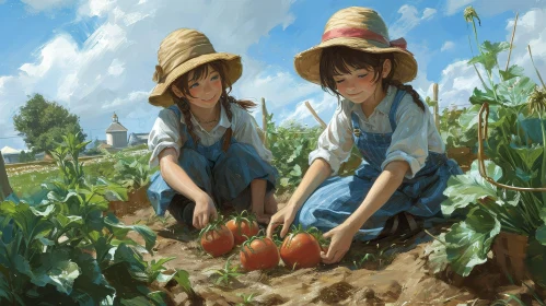 Harvesting Tomatoes: Two Girls in a Beautiful Field