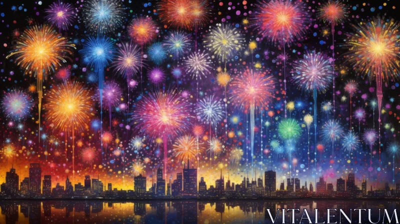 Mesmerizing Fireworks Display Over City - Night Sky Celebration AI Image