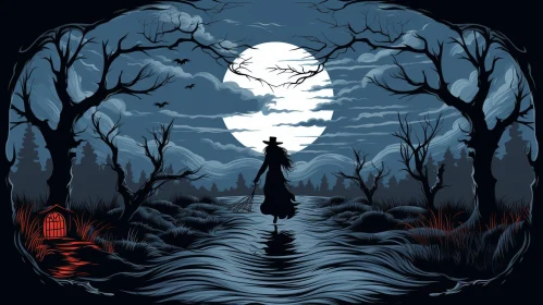 Moonlit Mystery: Woman Silhouette in Swamp