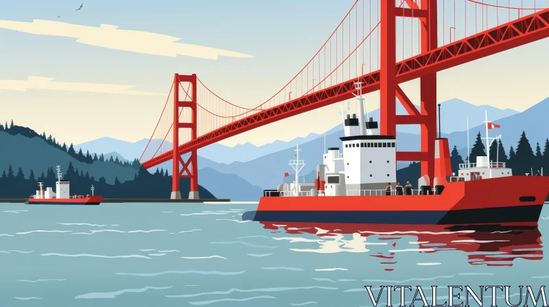 AI ART Red Cargo Ship Passing Golden Gate Bridge Illustration