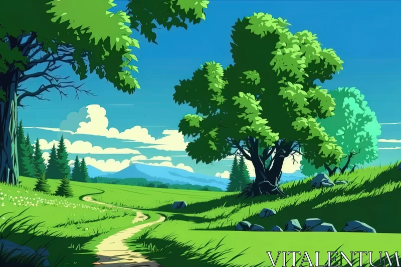 Serene Summer Scene: A Green Trail Amongst Lush Trees AI Image