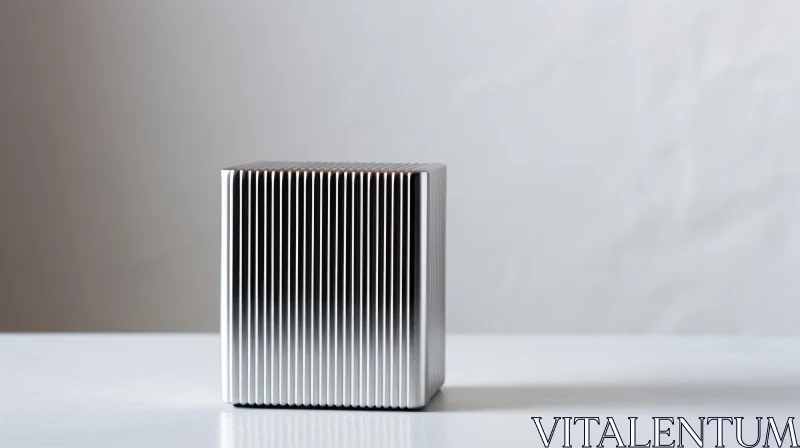 Silver Metal Cube with Ribbed Surface on White Table AI Image