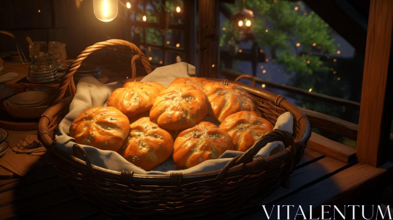 Cozy Still Life: Basket of Bread Rolls AI Image