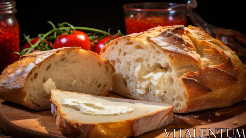 Delicious Bread Loaf with Butter and Tomatoes on Wooden Board AI Image
