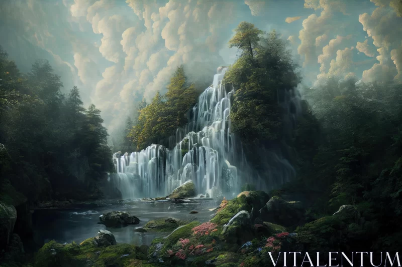 Enchanting Waterfall in a Mystical Forest - Nature Art AI Image