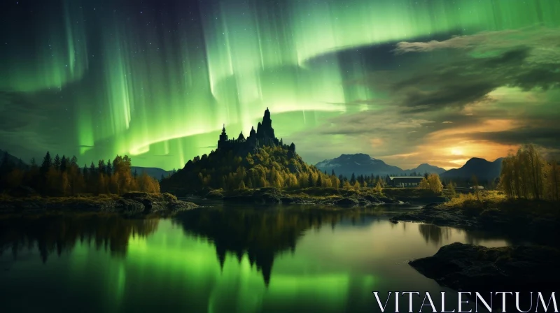 AI ART Enigmatic Castle on Lake with Aurora Borealis - Nature Wonders