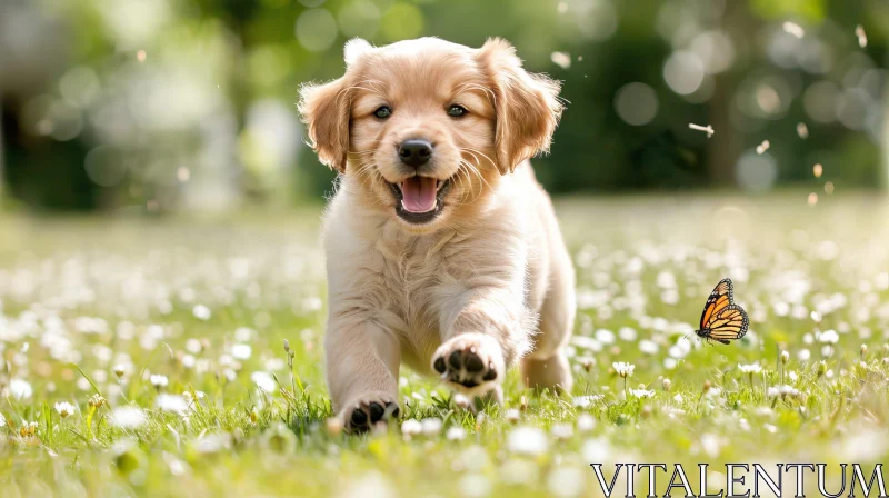 Golden Retriever Puppy Running in Flower Field AI Image