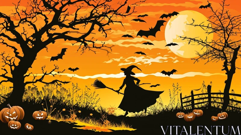 AI ART Halloween Witch Flying Over Field Illustration