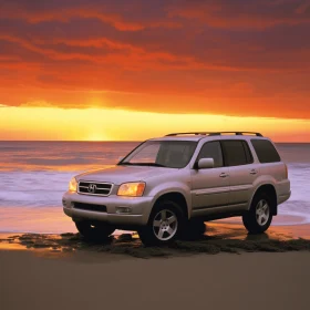Silver SUV on Sandy Coast | Richly Colored Skies | Zen-Inspired