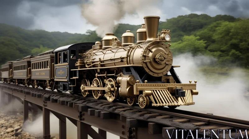 AI ART Vintage Steam Locomotive Crossing River Bridge