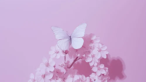White Butterfly on Pink Cherry Blossoms