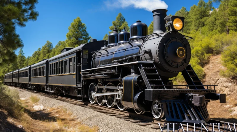 Black Steam Locomotive Pulling Passenger Cars in Forest AI Image