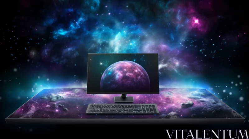 Computer Setup on Glass Table with Space Background AI Image