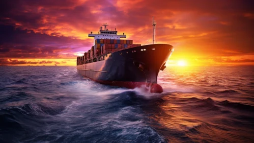 Container Ship Sailing in Ocean at Sunset