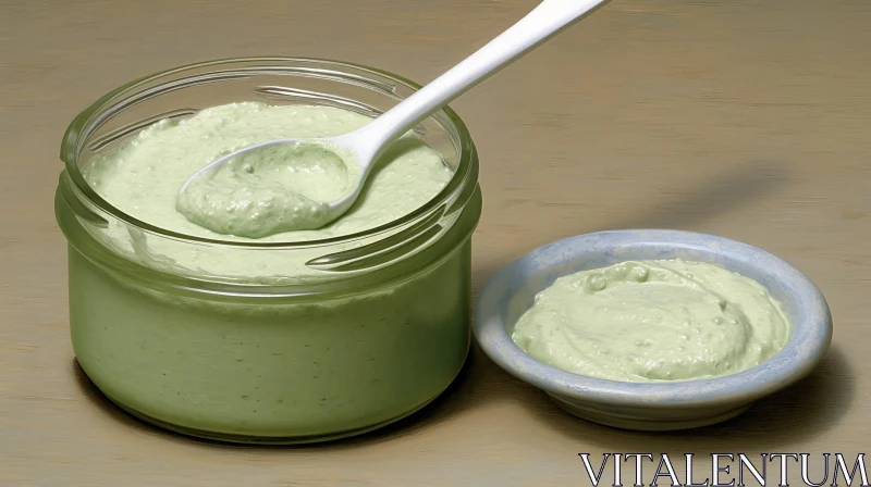 Creamy Green Sauce in Glass Jar and Ceramic Bowl AI Image