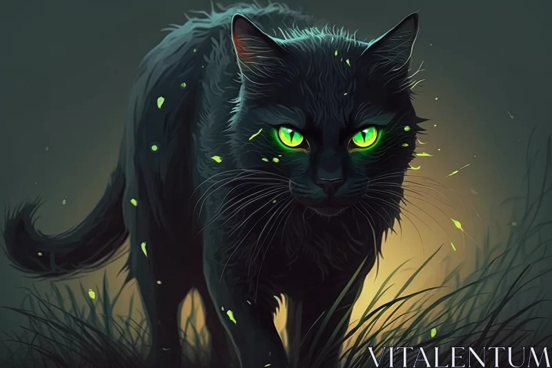 Enchanting Black Cat with Green Eyes in Vibrant Illustrations AI Image