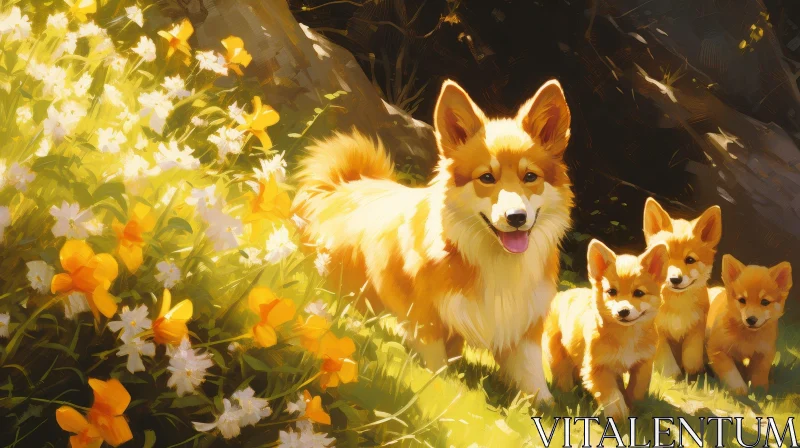 Happy Corgi Dog Family in Flower Field AI Image