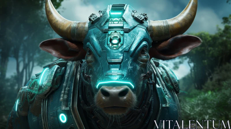 Majestic Bull in Futuristic Forest - Enigmatic Encounter AI Image
