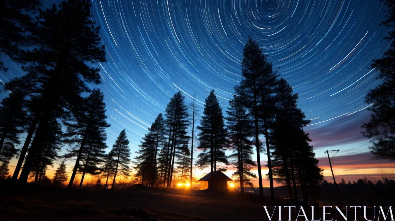 Night Sky Stars Trees Cabin Serene AI Image