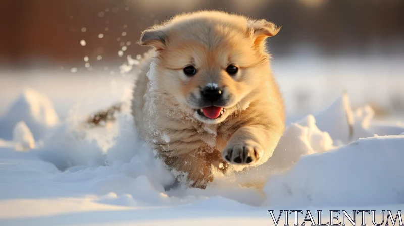 Playful Golden Retriever Puppy Running in Snow AI Image