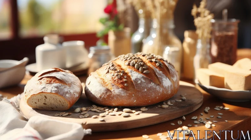 AI ART Rustic Bread Loaves on Wooden Table