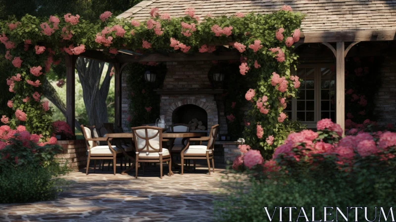 Tranquil Garden Scene with Pink Flowers and Wooden Patio AI Image