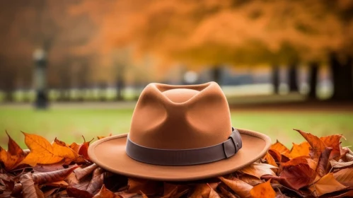 Autumn Vibes: Brown Fedora Hat on Fallen Leaves