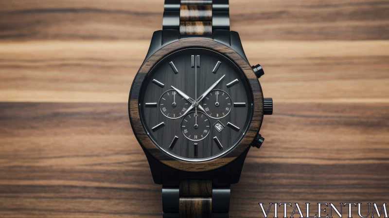 AI ART Black Wooden Case Wristwatch with Subdials