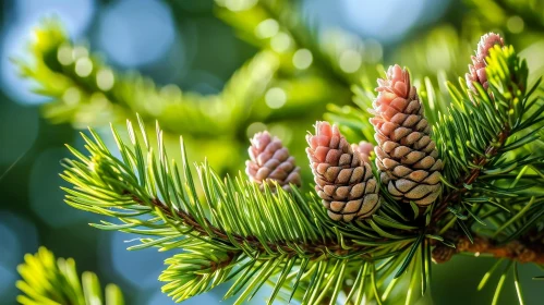 Close-up Coniferous Tree Branch with Pine Cones in Bright Sunlight