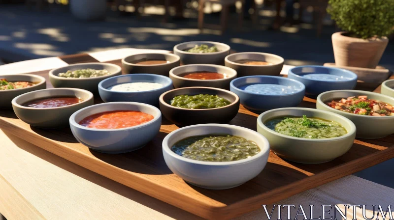 Colorful Ceramic Bowls with Sauces on Wooden Tray AI Image