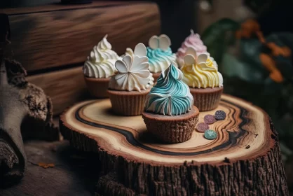 Exquisite Cupcake Display on Wooden Stump with Luxurious Textures