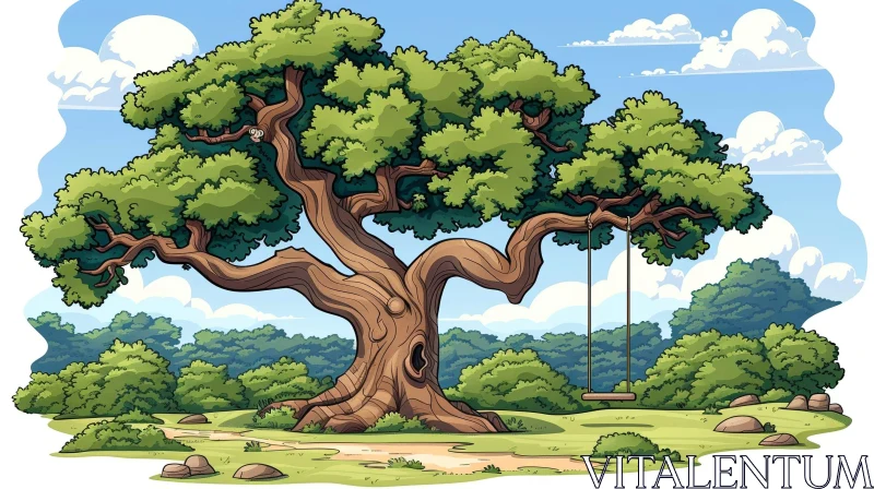 Large Oak Tree Cartoon Illustration AI Image