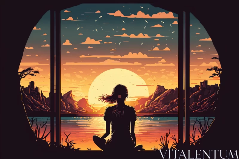 Meditative Illustration of a Woman at Sunset | Zen-Inspired Art AI Image