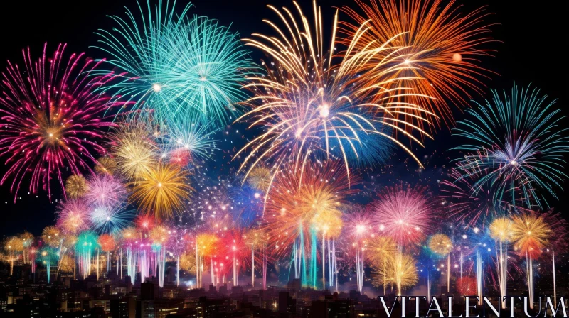 Night Cityscape with Colorful Fireworks Display AI Image