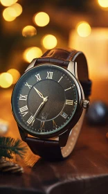 Stylish Men's Wristwatch with Roman Numerals on Wooden Table
