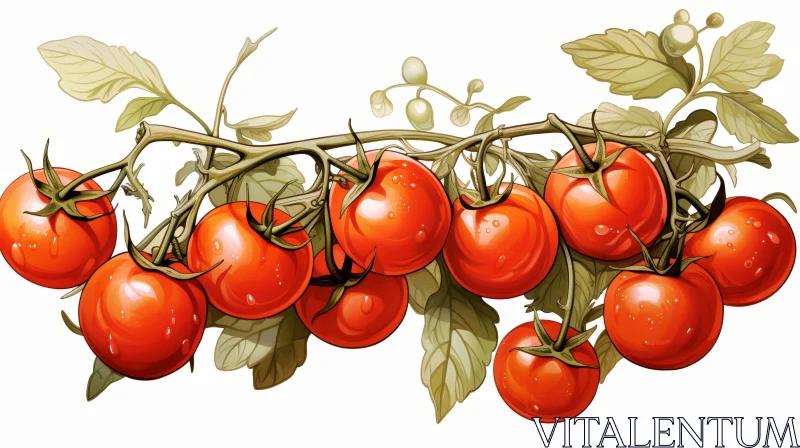AI ART Tomato Plant Branch with Ripe Red Tomatoes and Green Leaves