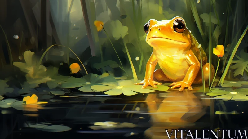 Tranquil Yellow Frog on Lily Pad Digital Painting AI Image